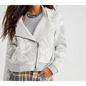 People Georgia Sweater Jacket Wool Cropped Gray Floral Print